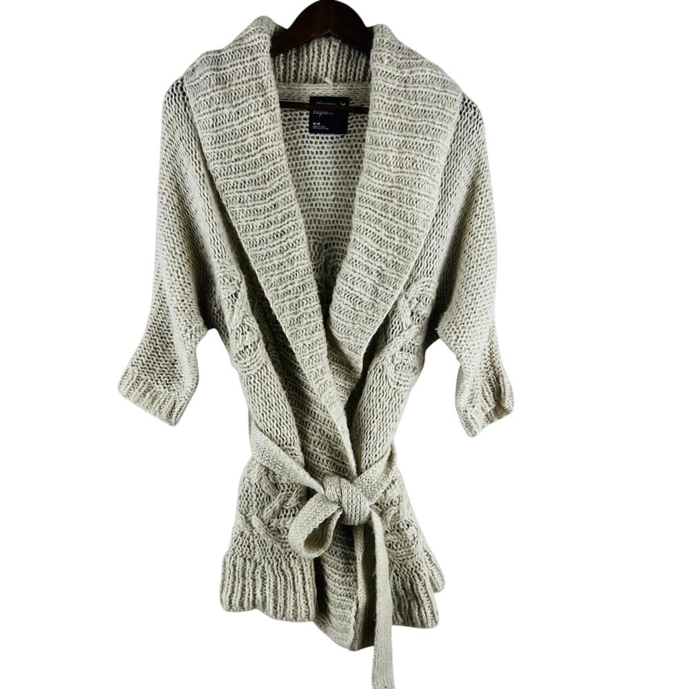 American Eagle Womens Belted Shawl Collar Cardigan  Cream Cable Knit Wool Mohair